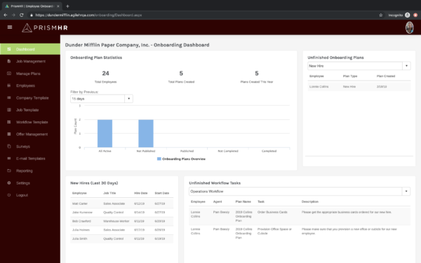 The dashboard for PrismHR's employee onboarding software